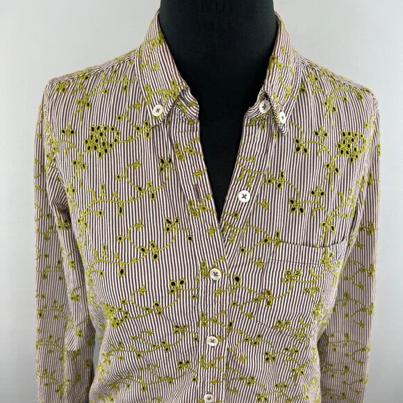 Odille Anthropologie Top Red Stripe Green Embroidered Eyelet Button-Down Shirt 4 - Picture 2 of 7